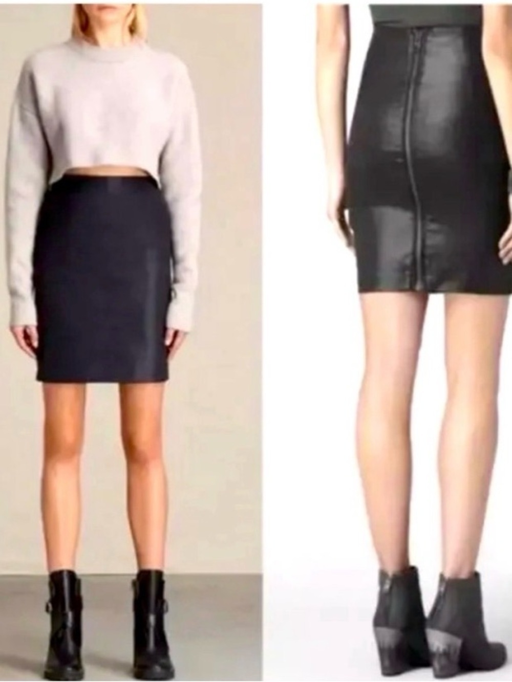 AllSaints metal Black Coated Faux Leather Zip-Front Pencil Skirt